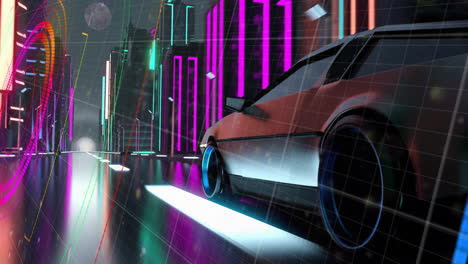 Animation-Eines-Kreisförmigen-Scanners-über-Einem-Futuristischen-Auto,-Das-Nachts-Durch-Eine-Neonstadt-Fährt