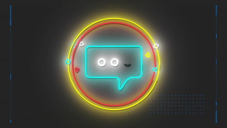 Animation-of-spots-and-neon-speech-bubble-icon-over-black-background