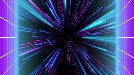 Animation-of-side-grids-over-strobing-blue-and-pink-neon-light-beams-on-black-background