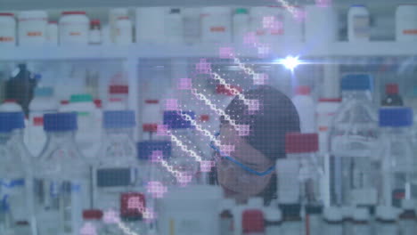 Animation-of-dna-strand-over-caucasian-male-and-female-scientists-in-lab