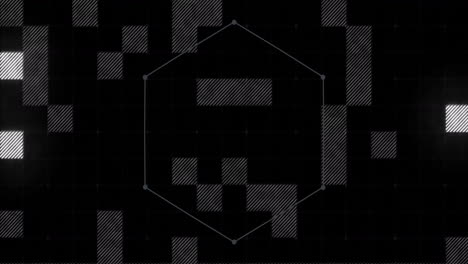 Animation-of-hexagon-and-flickering-squares-over-black-background