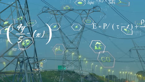 Animation-of-digital-data-processing-and-eco-icons-over-electricity-pylons