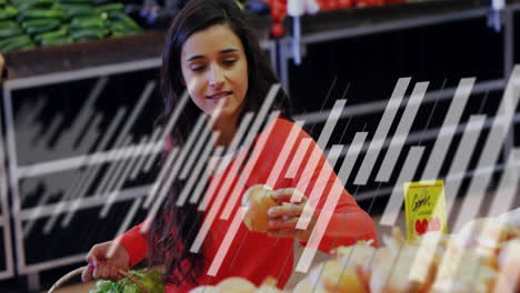 Animation-of-data-processing-and-diagrams-over-caucasian-woman-picking-vegetables-in-shop