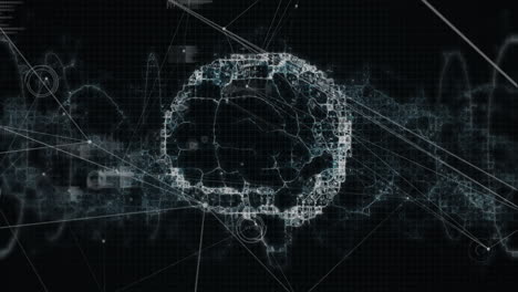 Animation-Des-Menschlichen-Gehirns,-Des-DNA-Strangs-Und-Der-Datenverarbeitung-Auf-Dunklem-Hintergrund