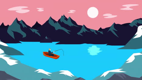 Animation-of-man-fishing-on-boat-over-mountains