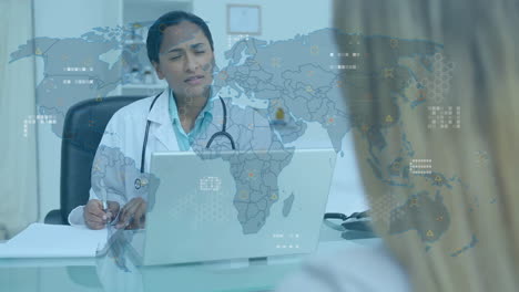 Animation-of-data-processing-with-world-map-over-diverse-doctor-and-patient