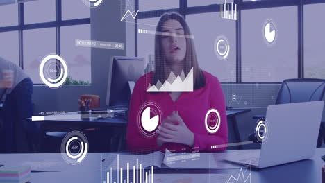 Animation-of-financial-data-processing-over-caucasian-businesswoman-using-computer