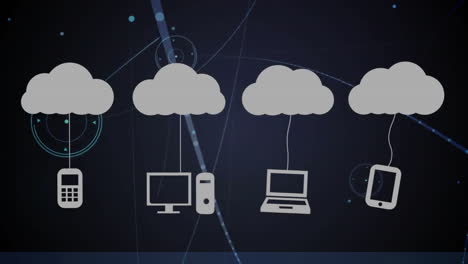 Animation-Von-Wolken-Mit-Technologie-über-Einem-Netzwerk-Von-Verbindungen-Auf-Schwarzem-Hintergrund