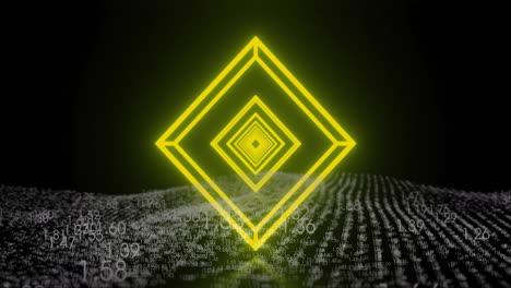 Animation-of-glowing-yellow-diamonds-and-digital-data-processing