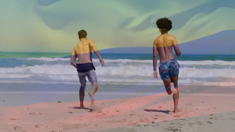 Animation-of-flag-of-colombia-over-diverse-male-friends-at-beach