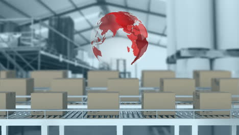 Animation-of-globe-and-data-processing-over-cardboard-boxes-on-conveyor-belts