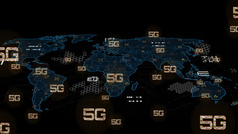 Animation-of-5g-text,-digital-data-processing-and-world-map-over-black-background