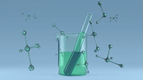 Animation-of-element-structures-over-lab-beaker-of-green-liquid-and-text-tube-on-blue-background