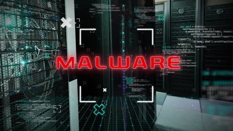 Animation-Von-Malware-Text-Und-Digitaler-Datenverarbeitung-über-Computerserver