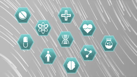 Animation-of-medicine-icons-and-shapes-on-gray-background