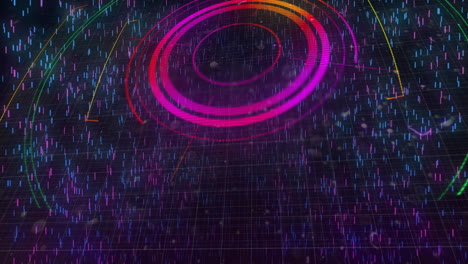 Animation-Eines-Farbenfrohen-Kreisförmigen-Scanners-über-Der-Streaming-Datenverarbeitung-Auf-Schwarzem-Hintergrund