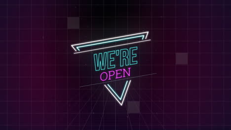 Animation-of-we're-open-neon-text-over-neon-on-black-background