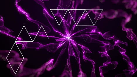 Animation-of-white-triangles-over-purple-shapes-on-black-background