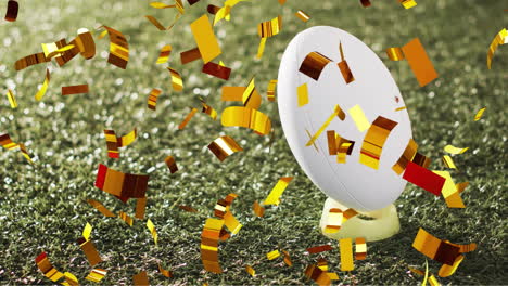 Animation-Von-Konfetti-über-Einem-Weißen-Rugbyball-Auf-Gras