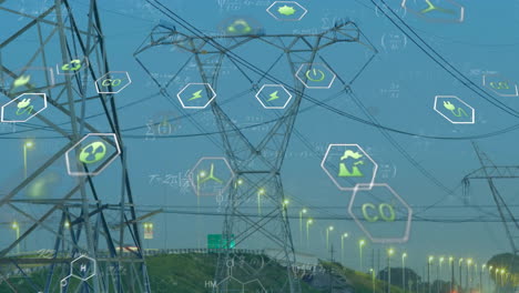Animation-of-digital-data-processing-and-eco-icons-over-electricity-pylons