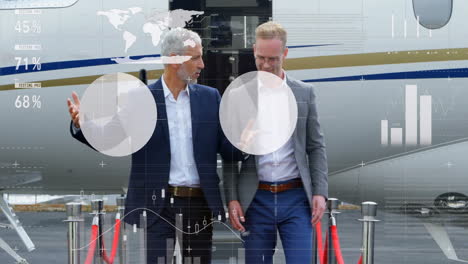 Animation-of-financial-data-processing-over-caucasian-businessmen-by-airplane
