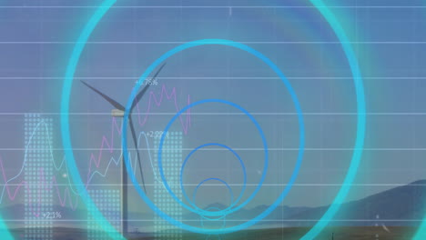 Animation-Der-Finanzdatenverarbeitung-Und-Des-Scope-Scannings-über-Windkraftanlagen