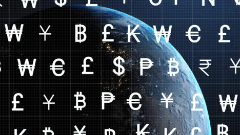 Animation-of-currency-symbols-over-globe-on-black-background
