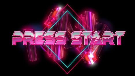 Animation-of-press-start-text-in-pink-metallic-letters-over-glowing-pink-cluster-on-black-background