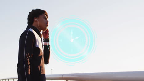 Animation-of-circular-scanner-with-clock-face-over-biracial-male-athlete-wearing-earphones