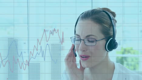 Animation-of-data-on-graph-processing-over-happy-caucasian-businesswoman-wearing-headset