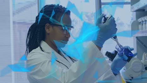Animation-of-network-of-connections-over-african-american-female-scientist-in-laboratory