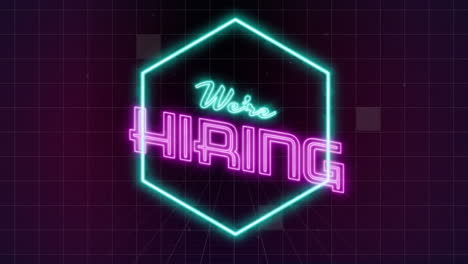 Animation-of-we're-hiring-neon-text-over-neon-pattern-on-dark-background