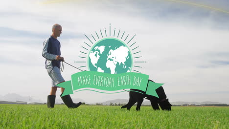 Animation-Zum-„Make-Everyday-Earth-Day“-Text-über-Einer-Kaukasischen-Frau,-Die-Mit-Einem-Hund-Spazieren-Geht