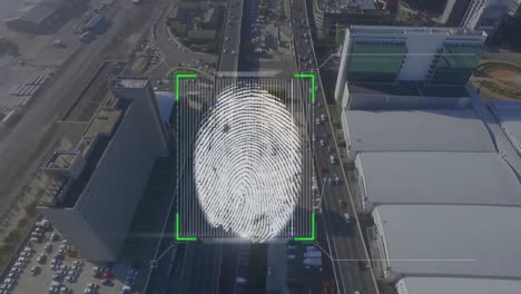 Animation-of-biometric-fingerprint-scanner-over-aerial-cityscape-and-road