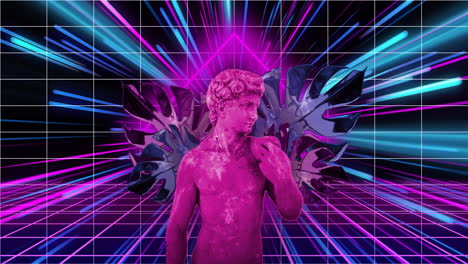 Animation-of-pink-classical-statue-and-leaves-distorting-over-grid-and-neon-beams-on-black