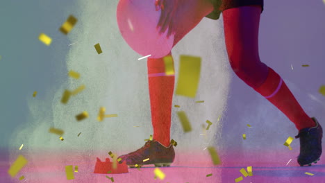 Animation-of-confetti-falling-over-biracial-female-rugby-player-holding-ball