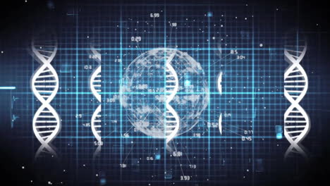 Animation-Von-DNA-Strängen-Und-Digitaler-Datenverarbeitung-Auf-Dunklem-Hintergrund
