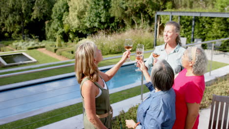 Senior-diverse-group-of-women-toast-outdoors,-with-copy-space
