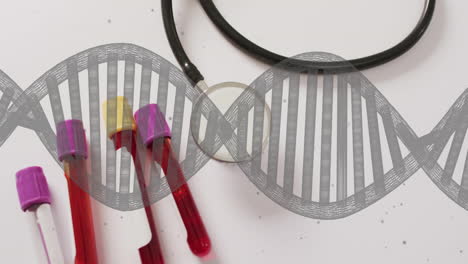 Animation-Von-DNA-Strang-Und-Reagenzgläsern-Mit-Blut-über-Stethoskop