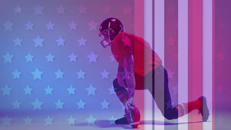Animation-of-caucasian-american-football-player-kneeling-and-flag-of-usa
