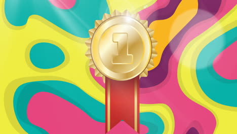 Animation-of-golden-medal-over-colourful-background