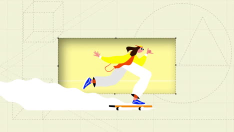 Animation-of-person-on-skateboard-with-pen-tool-cutting-out-rectangle-on-yellow-background