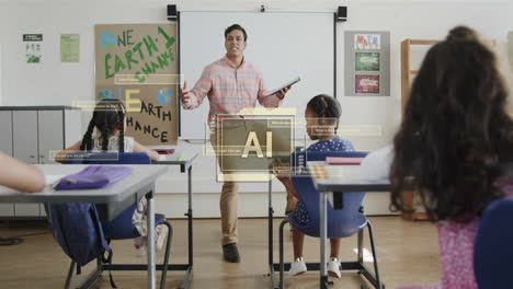 Animation-of-ai-text-and-data-over-diverse-schoolchildren-and-male-teacher