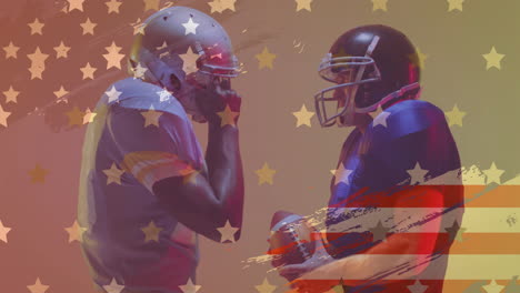 Animation-of-diverse-american-football-players-with-ball-and-flag-of-usa