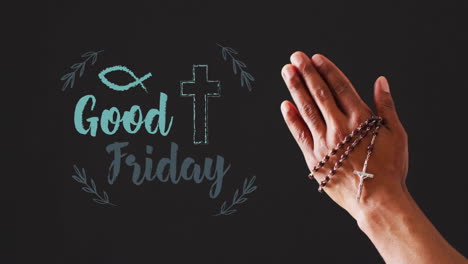 Animation-of-ash-friday-text-over-biracial-woman's-paying-hands-with-rosary-on-black-background