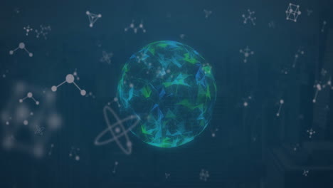 Animation-of-element-networks-over-glowing-globe-on-dark-background