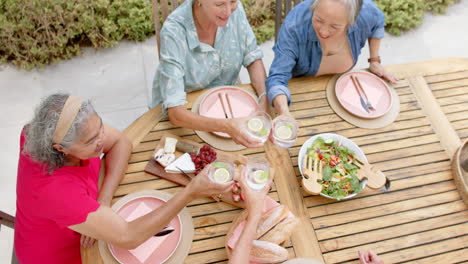 Eine-Vielfältige-Gruppe-Hochrangiger-Frauen-Genießt-Eine-Mahlzeit-Im-Freien