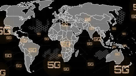 Animation-of-5g-text,-digital-data-processing-and-world-map-over-black-background