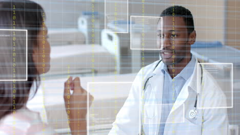 Animation-of-data-processing-over-african-american-male-doctor-and-caucasian-female-patient