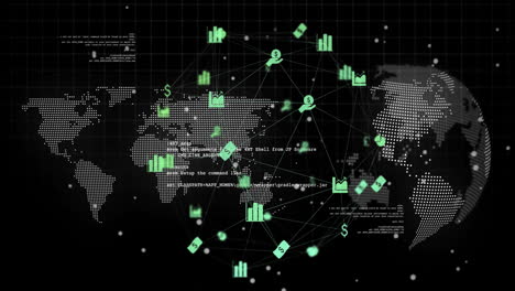 Animation-of-data-processing,-world-map-and-globe-over-black-background